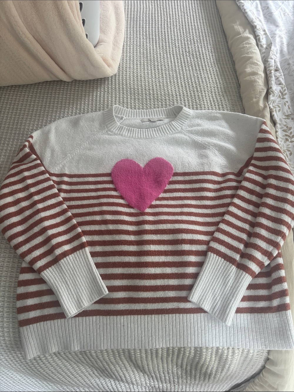 LOFT White Sweater with Pink Heart and Brown Stripes